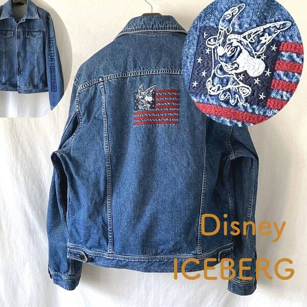 ■ 美品 ■ 90s ■ ICEBERG Disney Mickey ■ デニムジャケット ■ 48 ■ XL相当 ■ ミッキー ディズニー 星条旗 ■