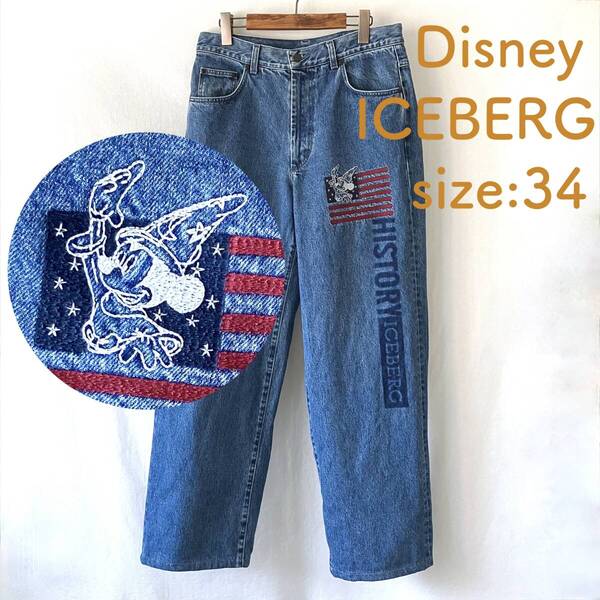 ■ 極美品 ■ 90s ■ ICEBERG Disney Mickey ■ デニム ■ 34 ■ XL相当 ■ ミッキー ディズニー ■