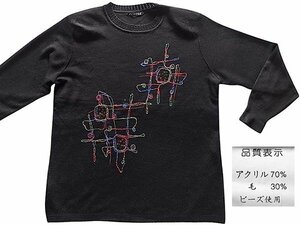 婦人服 　長袖 クルーネック セーター　 刺繍　 黒　 毛30%（ ビーズ使用）（ 中古　USED商品 　注意点あり） No.A714 ◆ ::/