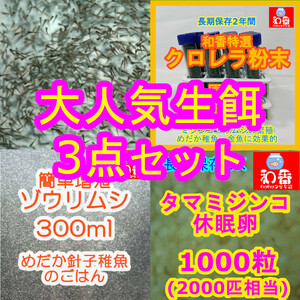 実績No1★送料安★大人気生餌3点 ゾウリムシ300ml＆タマミジンコ休眠卵1000粒&粉末生クロレラ 稚魚用 めだか金魚グッピーの餌エサえさPSB