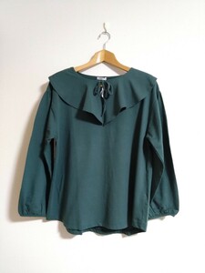 新品☆ESSEME☆大きめ襟が可愛いお袖ふんわり長袖カットソー♪グリーン　Mサイズ　