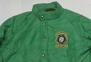 NJ12プラジャックPLA JACアメリカ古着アメリカ製レーシングジャケット中綿80’SビンテージLビッグサイズ緑系パッチ付きナイロンジャケット