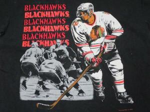 UST32ナツメグNUTMEG古着アメリカ製NHLアイスホッケーTシャツBLACK HAWKSブラックホークス黒TシャツMオールド＆レトロ