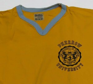 ST96フェローズPHERROW’SスポーツウエアSPORTS WEAR古着トリムTシャツ黄色系ｘ水色系Tシャツ日本製VネックSカレッジTオールド＆レトロ