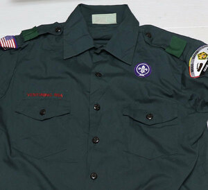 SS30ボーイスカウトアメリカBSAアメリカ古着アメリカ製パッチ付きシャツ70’S-80’Sビンテージ半袖シャツM半袖シャツ緑系オールド＆レトロ