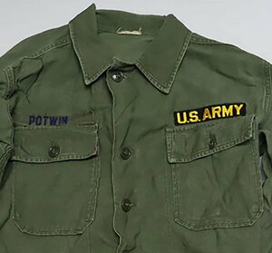LS66米軍実物ARMYアメリカ古着ユーティリティシャツUTILITYボックスシャツ50’S60’Sビンテージ筒袖S長袖シャツ綿100パッチ付き平ボタン緑