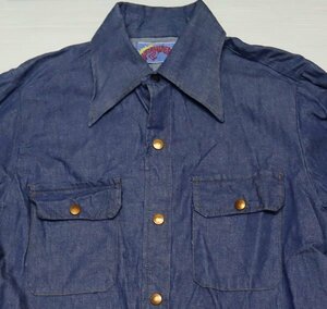 LS83ラングラーWRANGLERアメリカ古着アメリカ製デニムシャツ ジャケットＧジャン70’Ｓビンテージ長袖シャツＬワークシャツ/デカ襟サイケ