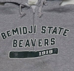 SW18チャンピオンCHAMPIONアメリカ古着ハーフジップ ウェット パーカーMカレッジ3段プリントBEMIDJI STATE杢グレー系かすれプリント加工