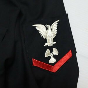 LS89米軍実物NAVYアメリカ古着パッチ付きシャツ15H長袖シャ80'Sビンテージ黒系ミリタリーシャツ海軍ユニホームUSNオールド＆レトロ