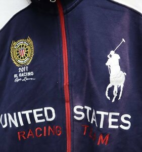 SW95ラルフローレンRALPH LAURENポロPOLOアメリカ古着ジップ スウェットLビッグサイズRL1紺系ｘ白系ｘ赤系トレーナー刺繍文字オールド