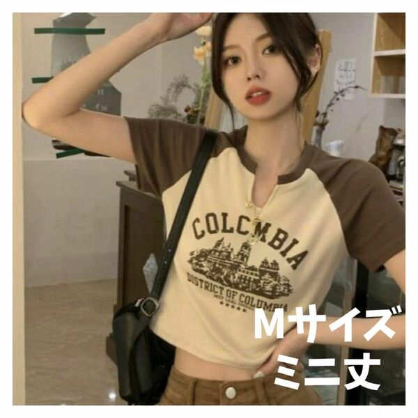 【新作】Tシャツ　Mサイズ　アプリコット　ブラウン　ミニ丈　韓国　プリント　新品　ホワイト　ロゴ　トレンド　アウトドア　スポーツ