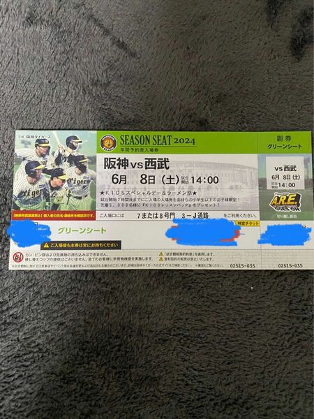 6月8日(土)阪神VS西武グリーンシートチケット1枚