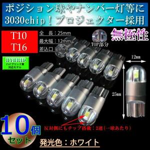 10球セット T10 T16 LED 3030chip プロジェクター 車検対応 ポジション球 スモール 室内灯【ハイブリッド車対応】 ホワイト【無極性】