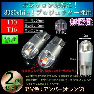 ２球セット T10 T16 LED 3030chip プロジェクター 車検対応 ポジション球 スモール【ハイブリッド車対応】 アンバー(オレンジ)【無極性】