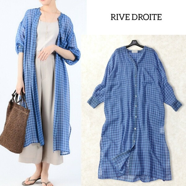 38 【RIVE DROITE】 リヴドロワ シアー チェック シャツワンピース ロングワンピース F ブルー 青 長袖 バンドカラー 透け感 春夏 薄手