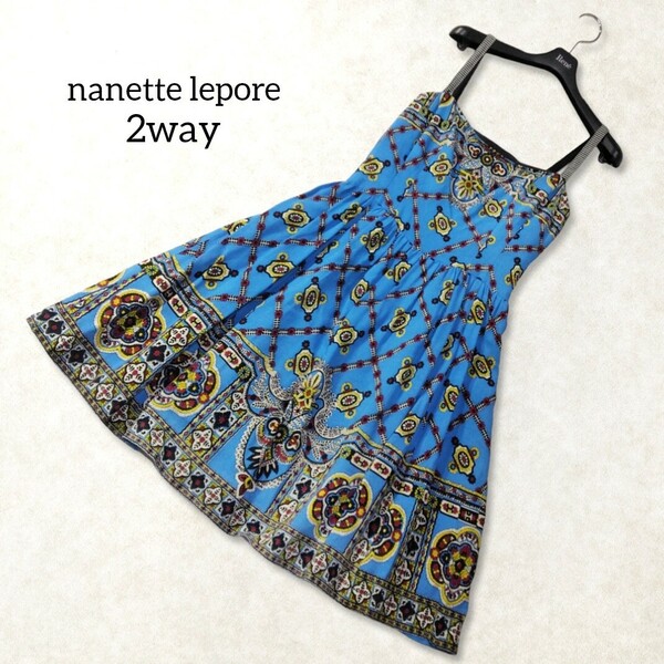 38 【nanette lepore】 ナネットレポー 2way キャミソール ベアトップ チュニック ワンピース ミニ 2 日本製 ブルー 青 総柄 フレア 春夏