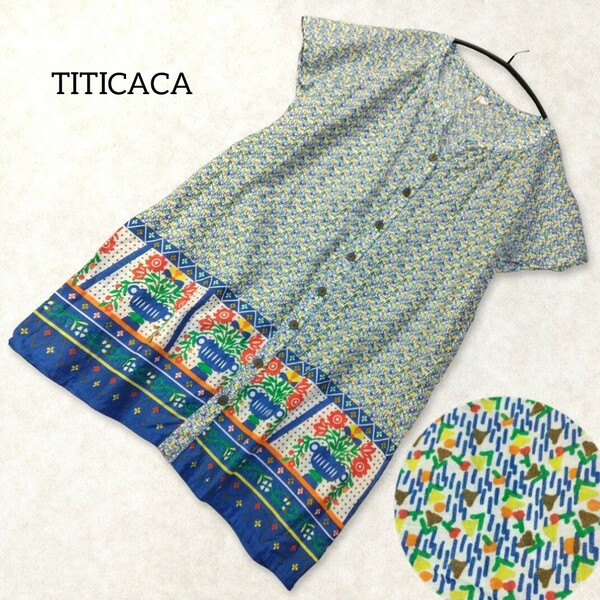 38 【TITICACA】 チチカカ カラフル 総柄 シャツ チュニック ワンピース F 半袖 前ボタン 薄手 ゆったり 個性的 キーネック レディース