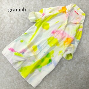 39 【graniph】 グラニフ カラフル 総柄 シャツワンピース F ホワイト 白 ネオングリーン 鳥 派手 個性的 ひざ丈 膝丈 長袖 レディース