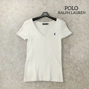 24 【POLO RALPH LAUREN】 ポロ ラルフローレン Tシャツ 半袖 トップス S 160/84A 白 ホワイト 無地 シンプル ロゴ刺繍 夏 Vネック 