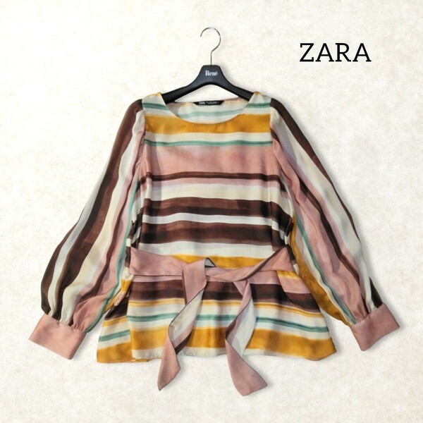 40 【ZARA】 ザラ マルチカラー ボーダー 長袖 ブラウス トップス L くすみカラー ピンク マスタード ベルト ウエスト紐 カラフル シアー