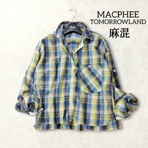 24 【MACPHEE】 マカフィー 麻混 リネン混 チェック 長袖 シャツ 38 M ブルー ネイビー イエロー 2way マドラスチェック トゥモローランド