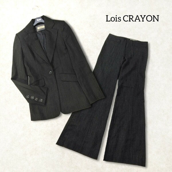 【Lois CRAYON】 ロイスクレヨン パンツスーツ 上下 セットアップ М 黒 ブラック ピンストライプ ビジネス フォーマル フレア レディース
