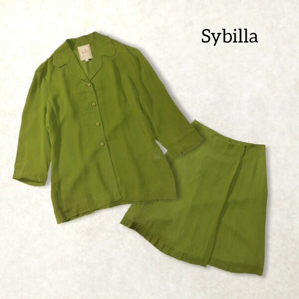 8【Sybilla】 シビラ 上下 セットアップ スカートスーツ 40 Lサイズ 抹茶色 グリーン シアー 透け感 薄手 春夏 丸襟 ジャケット スカート