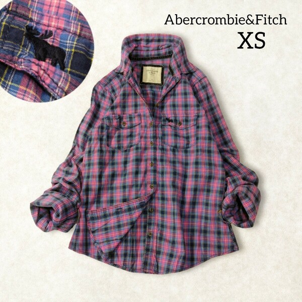 41 【Abercrombie&Fitch】 アバクロ チェック柄 長袖 シャツ トップス XS 小さいサイズ ピンク ネイビー 綿 コットン 春夏 薄手 レディース