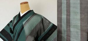 KIRUKRU semi античный лето кимоно . натуральный шелк длина 150cm чёрный × темно-зеленый в полоску современный retro Taisho роман одевание японский костюм мелкий рисунок casual 