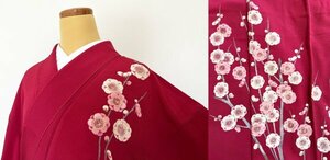 KIRUKIRU semi antique kimono visit wear hand .. dyeing silk length 160.5cm magenta ground . white . pink. plum pattern peace flower floral print on goods retro dressing Japanese clothes 