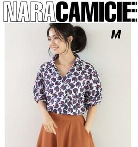 NARACAMICIE ナラカミーチェ 踊り子プリント半袖スキッパーシャツ　プルオーバー　M ブラック