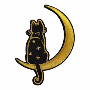 T-19【 アイロンワッペン 】 刺繍ワッペン アップリケ リメイク 猫 ネコ cat キャット 月 三日月 ムーン MOON