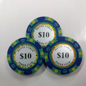 ゴルフ（ボール）マーカー　３枚　モンテカルロ　＄１０　磁石につきます　カジノチップ　ポーカーチップ