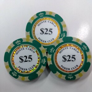 ゴルフ（ボール）マーカー　３枚　モンテカルロ　＄２５　磁石につきます　カジノチップ　ポーカーチップ