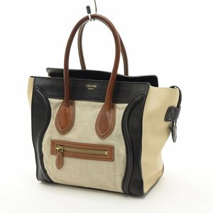 □514425 CELINE セリーヌ トートバッグ ラゲージ マイクロ ショッパー リネンキャンバス レザー レディース ベージュ ブラック ブラウン