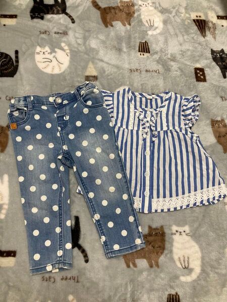 ストライプ × 水玉 ★ 女の子 半袖Tシャツ デニム H&M 80 半袖 Tシャツ エイチアンドエム