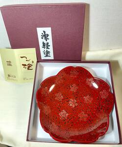 未使用・極美品 ★ 津軽塗 桜鉢 唐塗朱揚 木乾 伝統工芸品 桜型漆器 菓子皿 盛皿 唐塗 7寸 菓子器 茶道具 茶懐石 