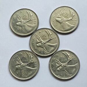 【希少品セール】カナダ エリザベス女王肖像デザイン 25セント硬貨 1968年〜1969年 1971年〜1972年 1976年 年号違い 5枚まとめて
