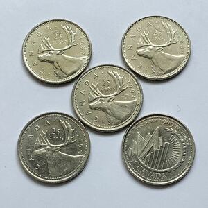 【希少品セール】カナダ エリザベス女王肖像デザイン 25セント硬貨 1987年 1989年 1994年 1996年 記念デザイン1999年 年号違い 5枚まとめて