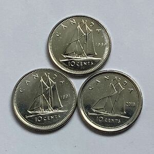 【希少品セール】カナダ エリザベス女王肖像デザイン 3種類 10セント硬貨 1989年 1991年 2018年 年号違い 各1枚ずつ 3枚まとめて