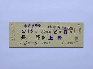 【希少品セール】国鉄 あさま8号 特急券 (長野→上野) 飯山駅発行 04253