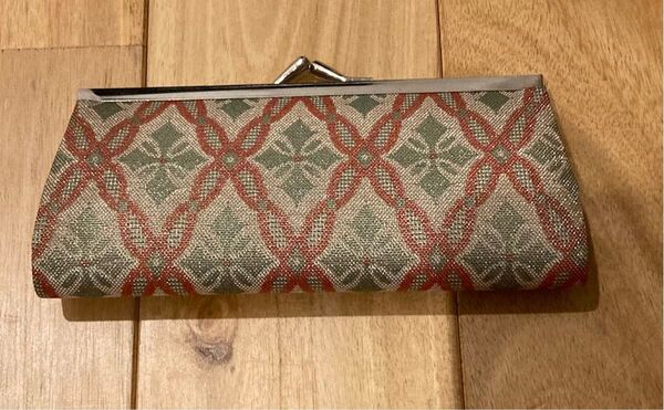 がま口財布 レトロ 骨董 ベージュピンクグリーン 幅14cm