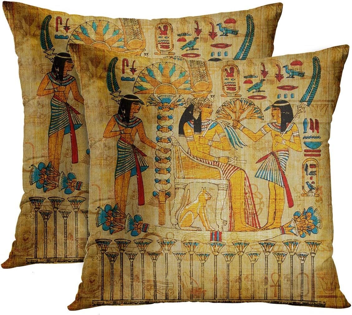 고대 이집트 쿠션커버 2개 세트, 고대 파피루스 그림, 길이 45.7cm x 너비 45.7cm, 장식 베갯잇, 수입됨, 핸드메이드 아이템, 커튼, 구조, 쿠션커버