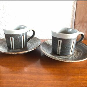 昭和レトロ　小石原焼き　コーヒー　カップ&ソーサー　2セット　ペアセット