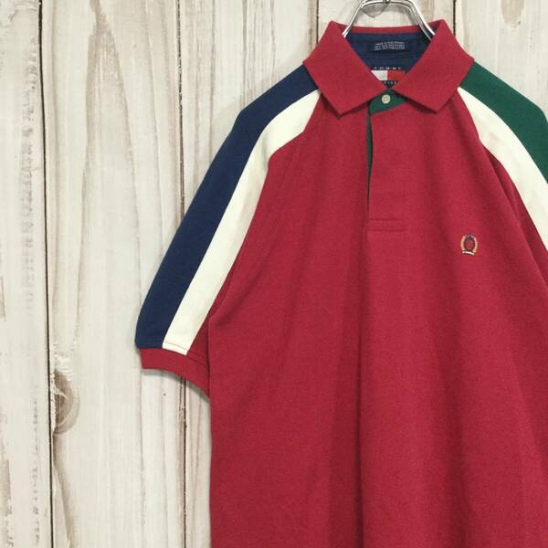 【トミーヒルフィガー 半袖ポロシャツ】レア 90s ロゴ刺繍 海外サイズ 旧ロゴ M マルチカラー TOMMY HILFIGER 古着 [230625-015]