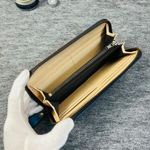 イタリアンレザー メンズ財布 長財布 牛革 ヌメ革 1円 新品 ラウンドファスナー ハンドメイド ロングウォレット YKK 革財布 ブルーの画像6