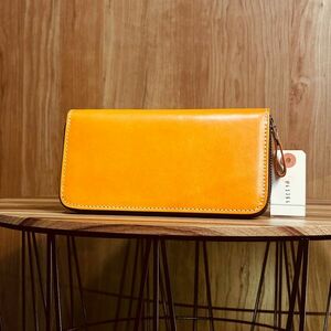  Italian leather men's purse long wallet cow leather cow leather 1 jpy new goods round fastener hand made long wallet YKK leather purse yellow 