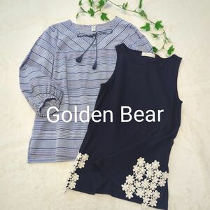 【美品】Golden Bear・ゴールデンベア・レディース・ブラウス・トップス・七分袖・タンクトップ・ボーダー柄・綿・Mサイズ