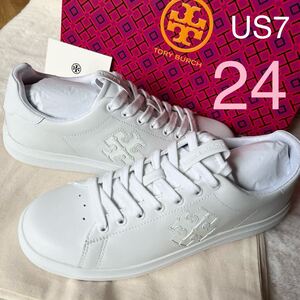 新品未使用 ベストセラー!ToryBurch ホワイト レザー スニーカー 24cm US7 トリーバーチ ホワイト 白 レディース DOUBLE T HOWELL COURT