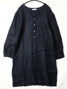 C560/fog linen work/フォグリネンワーク/Vネックリネンワンピース/チュニック/ヘリンボーン柄/ネイビー系/ひざ丈/レディース/Sサイズ程度/